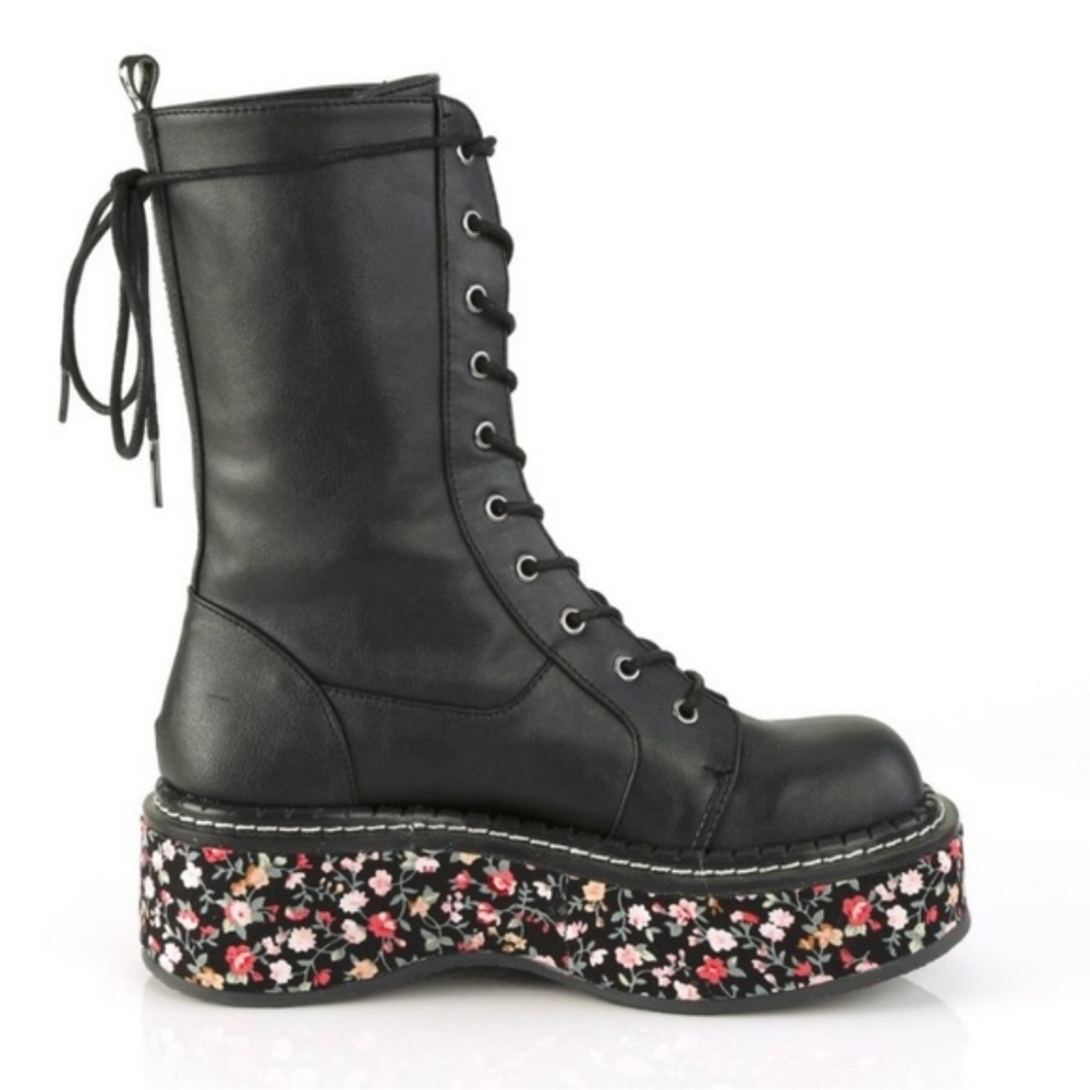 Demonia Emily 350 Black Vegan Leather Floral Platform Combat Boots